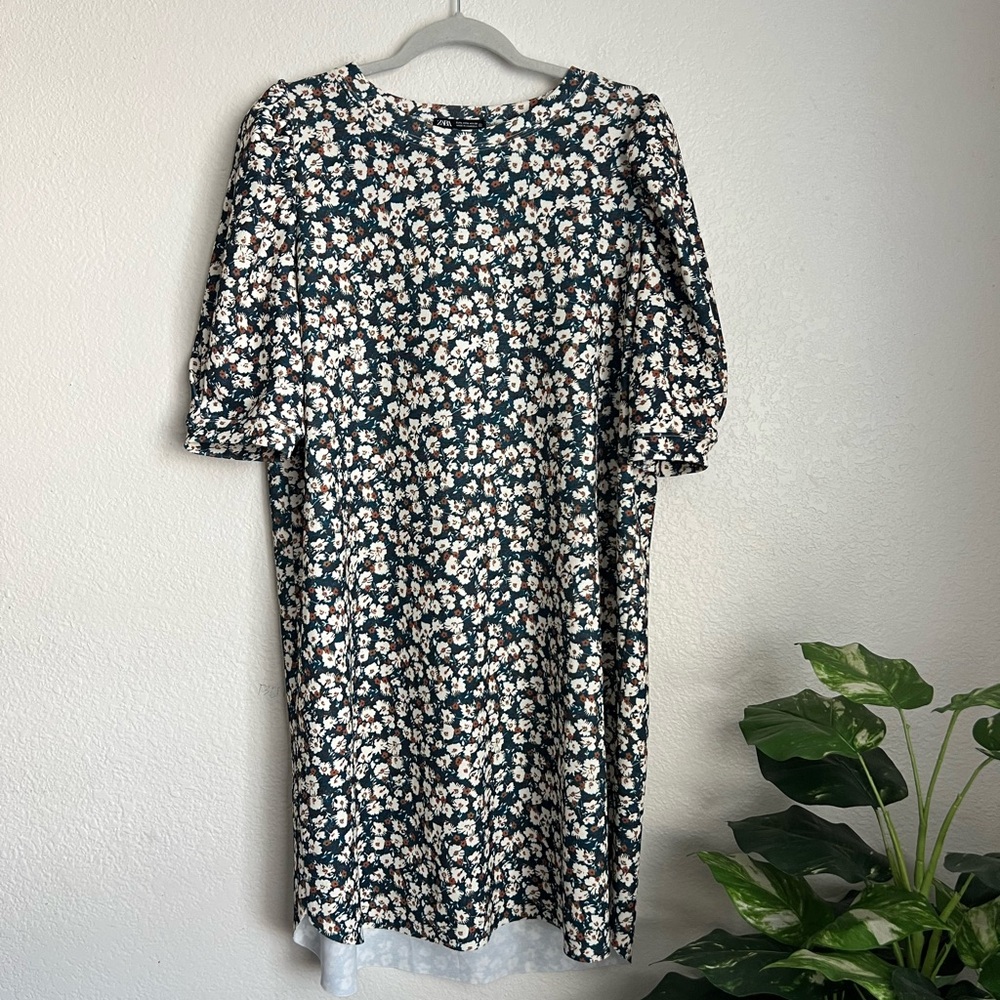 Zara deep teal floral print shirt dress